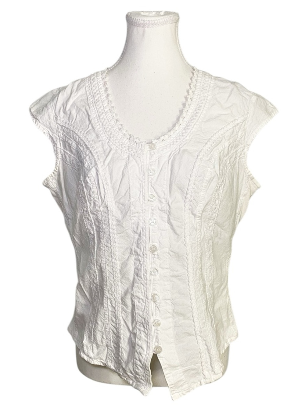 Soft Surroundings White Crinkle Cotton Embroidered Boho Button-Front Top